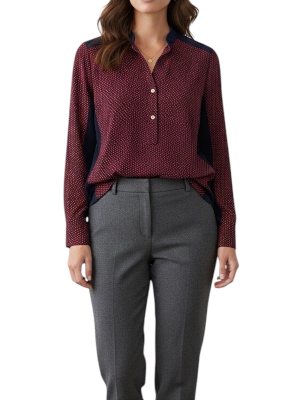 NEW C. Wonder Silk Burgundy Dotted Navy Accent Button Front Longsleeve Blouse
